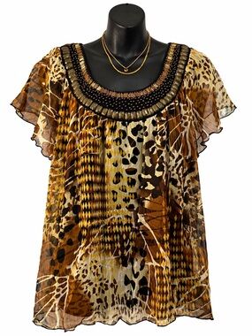 Boho Embellished Patchwork Print Blouse - Brown & Tan ❤️